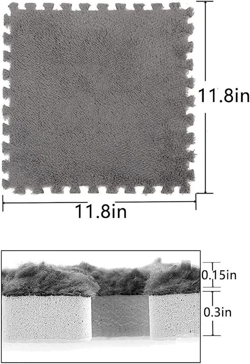 Typutomi 12pcs Plush Puzzle Foam Floor Mat, Cute Soft Fluffy Interlocking Square Foam Tiles Area Rugs Carpet for Parlor Bedroom Decor(11.8x11.8x0.4in, Grey&White&Black) - Image 2